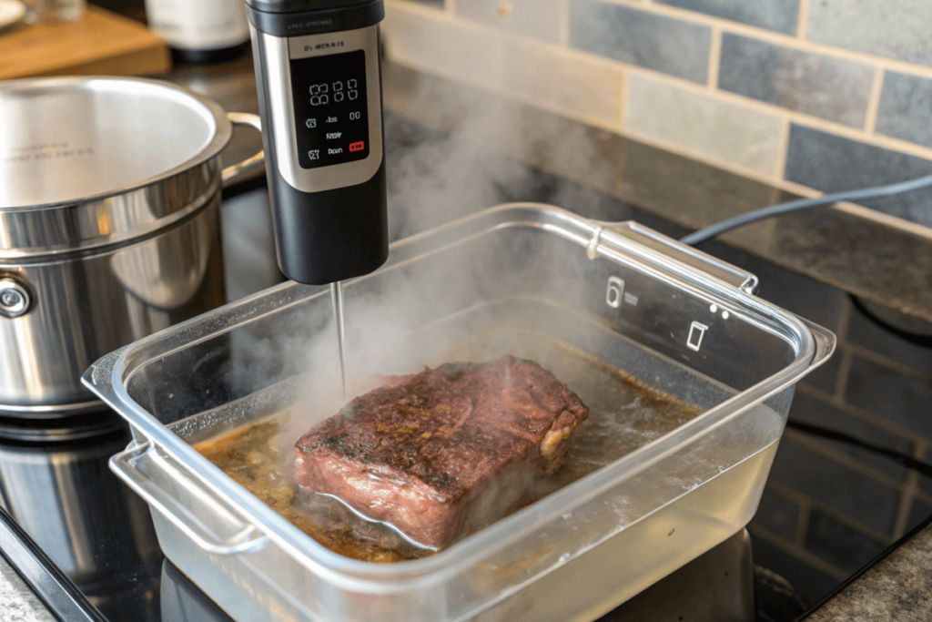 "Sous vide steak reheating process with a precision cooker."