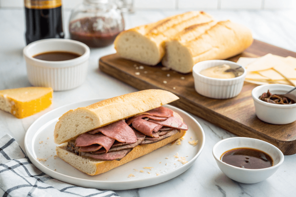 Homemade French Dip sandwich assembly