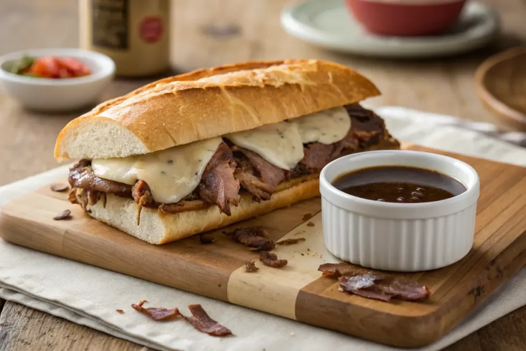 Assembling a French dip sandwich with au jus