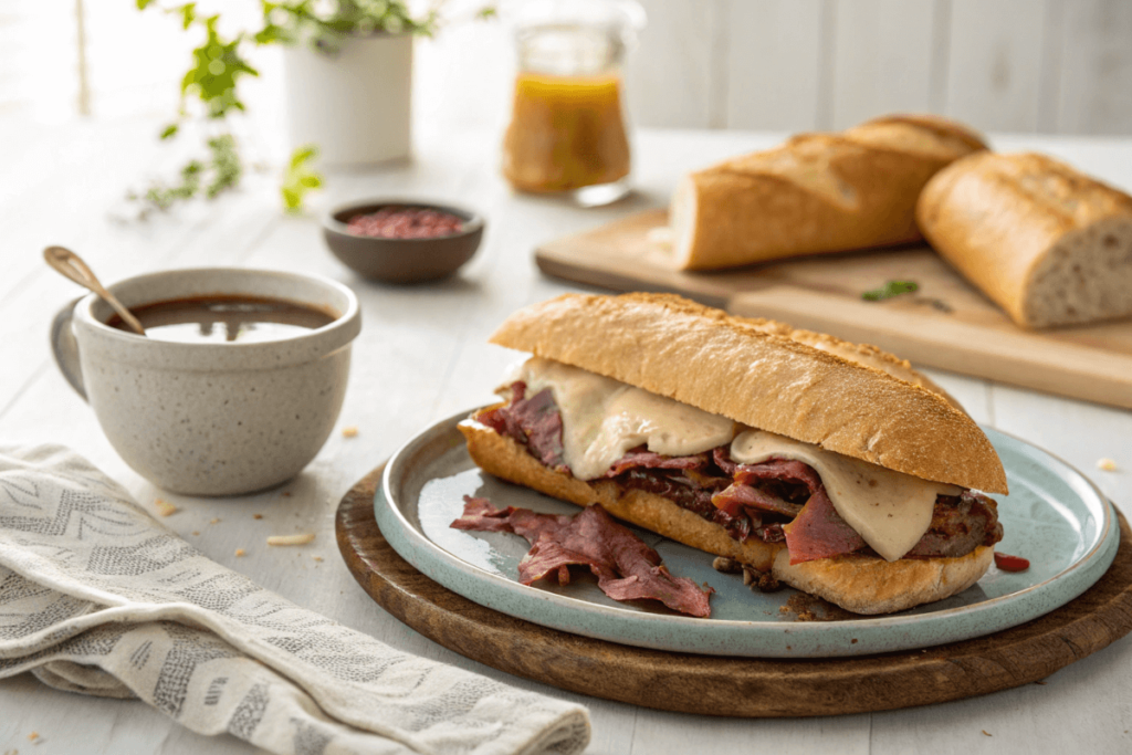 Assembling a French dip sandwich