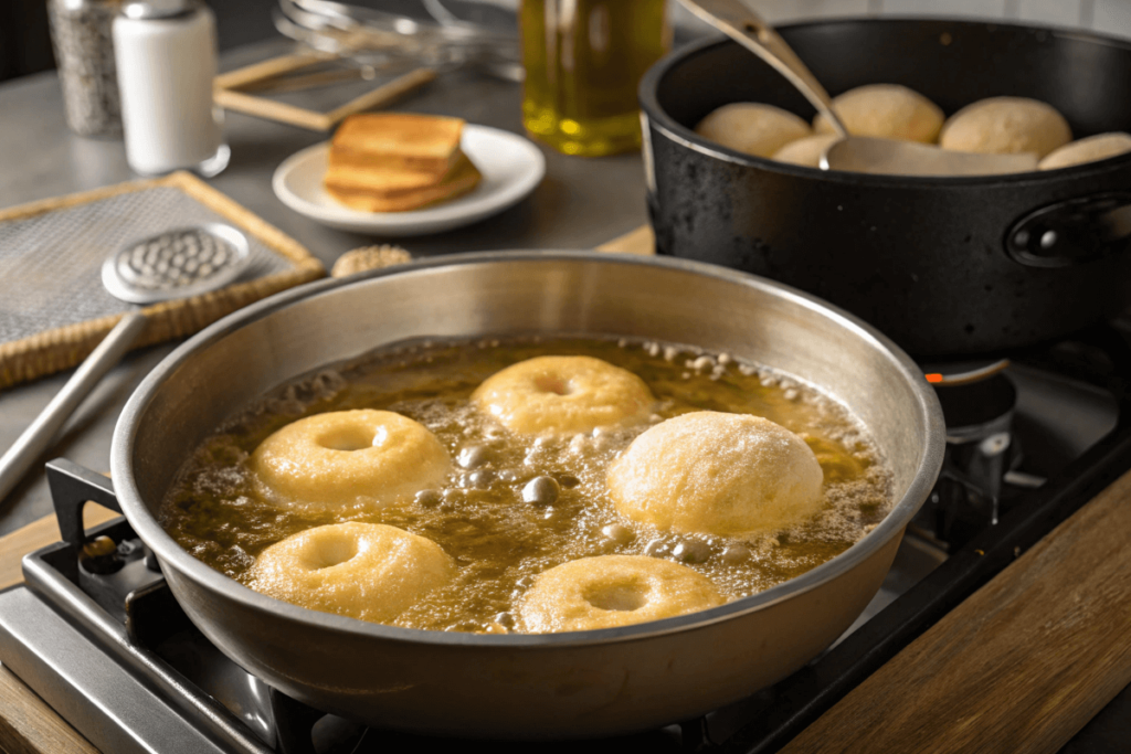 Frying dough in hot oil.