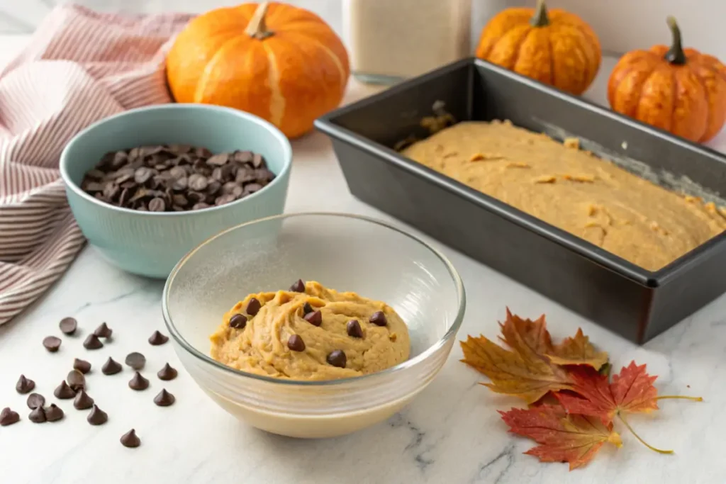 Mixing ingredients for chocolate chip pumpkin bread.