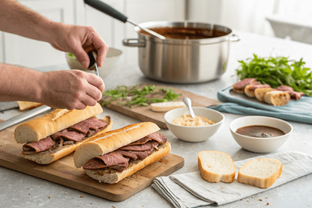 Preparing French dip sandwiches with fresh ingredients