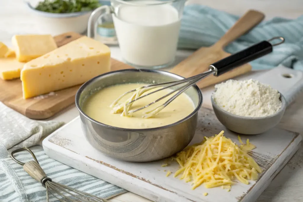 Homemade cheese sauce being prepared for Philly cheesesteak.