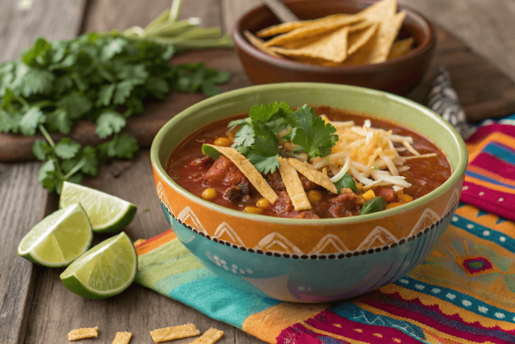 Bowl of 5 ingredient taco soup garnished with fresh cilantro and tortilla strips