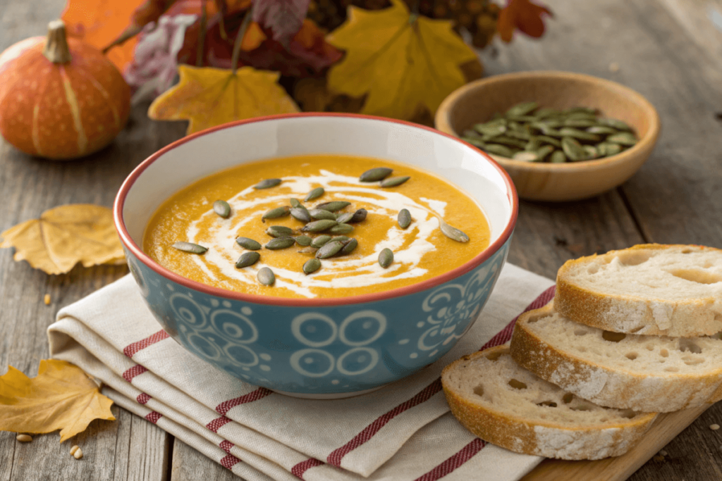 Bowl of creamy pumpkin soup with sourdough bread