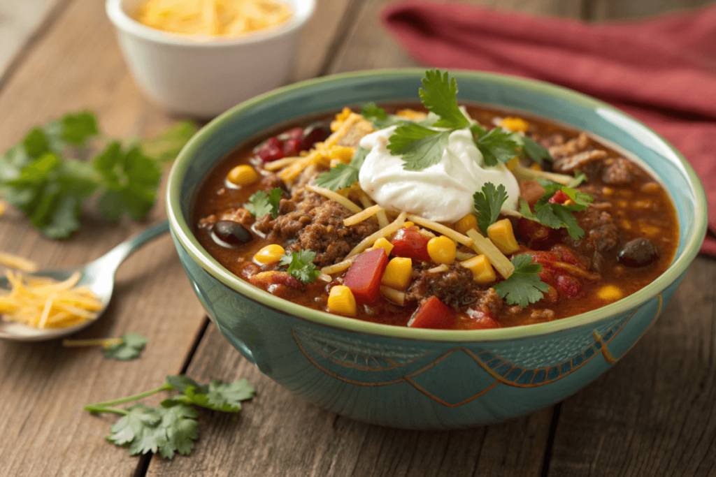 Bowl of taco soup topped with sour cream, cheese, and cilantro