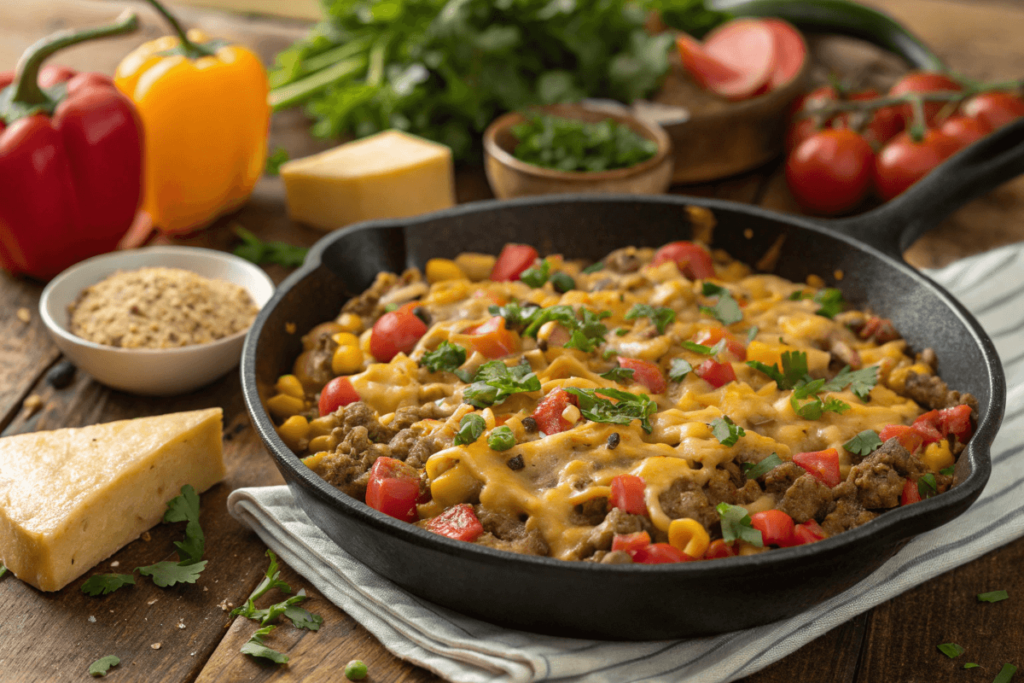 Skillet of jazzed-up Hamburger Helper with vegetables and cheese