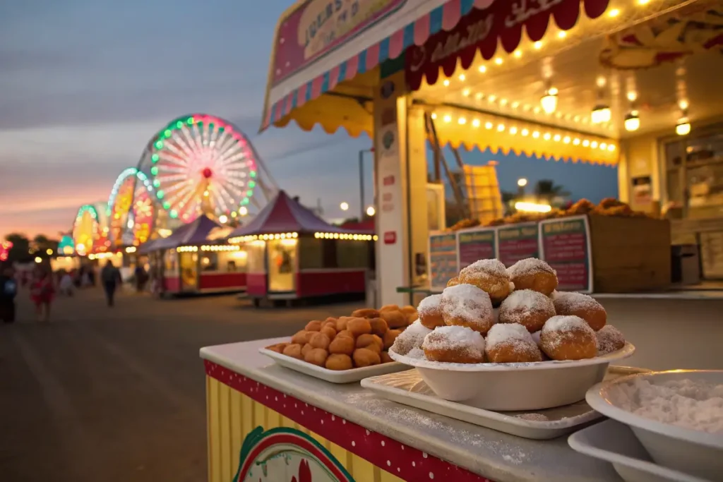 Carnival stand with fried dough and funnel cake.