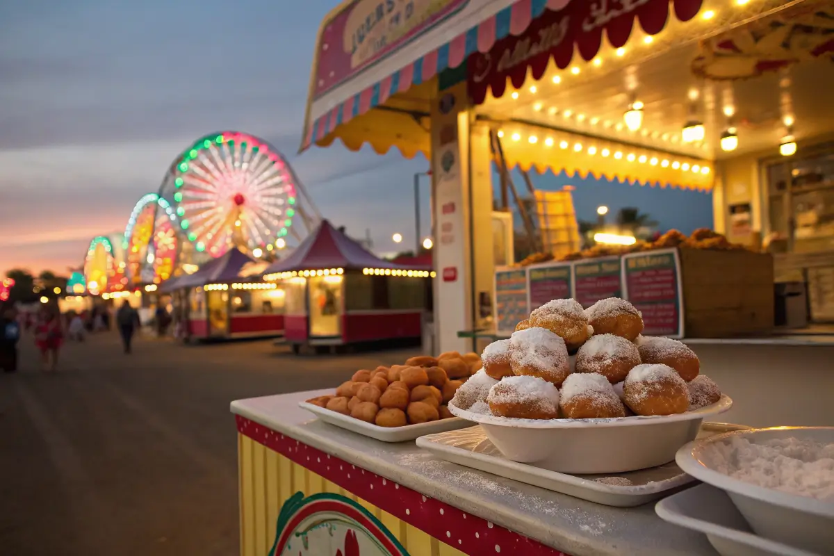 Carnival stand with fried dough and funnel cake.