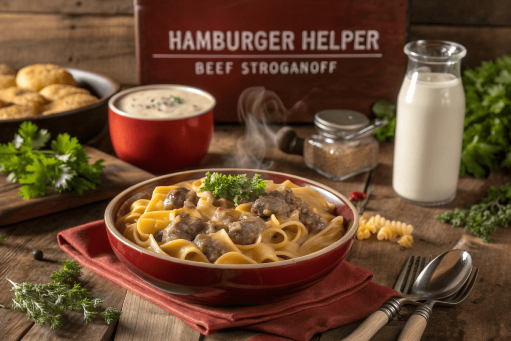 Bowl of Hamburger Helper Beef Stroganoff with creamy sauce on a rustic table.