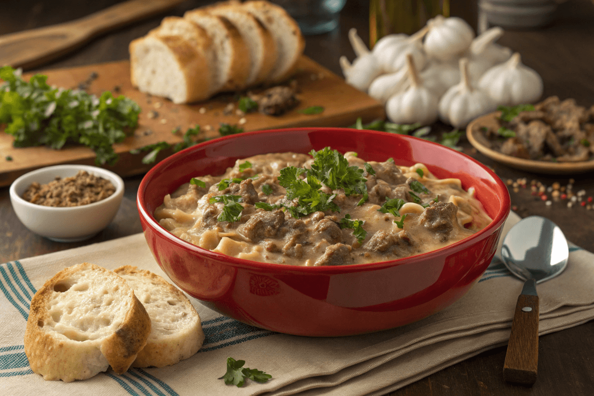 Bowl of creamy Hamburger Helper Beef Stroganoff with parsley