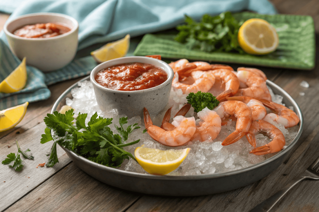 Cold shrimp platter with sauces and lemon wedges