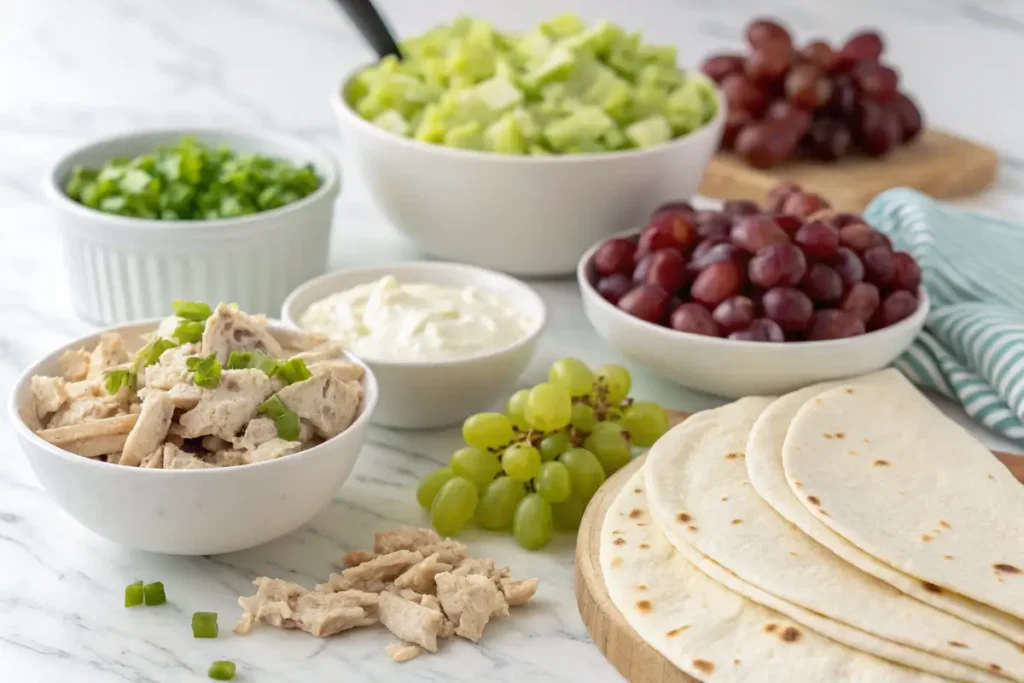 Ingredients for making chicken salad wraps on a marble countertop.