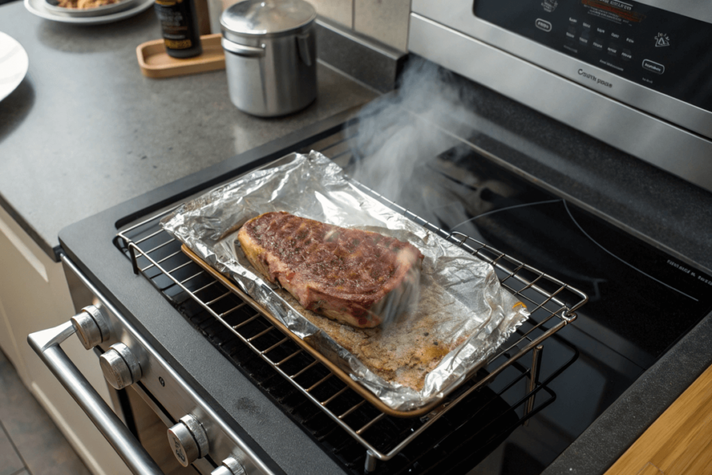 Leftover steak on a wire rack ready for oven reheating