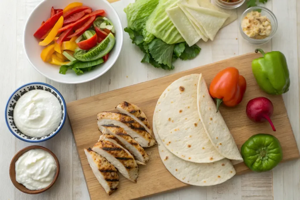 Ingredients for a healthy chicken mayo wrap on a wooden countertop.