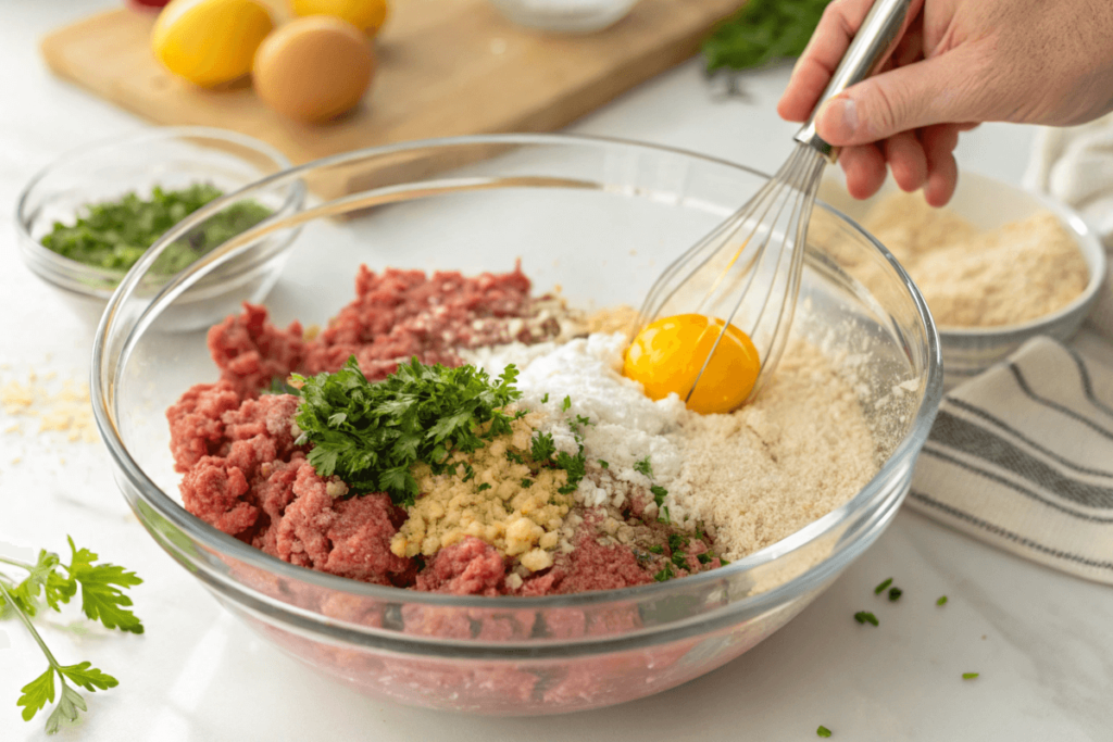 A bowl of meatloaf ingredients being mixed by hand, including ground beef, breadcrumbs, and eggs.