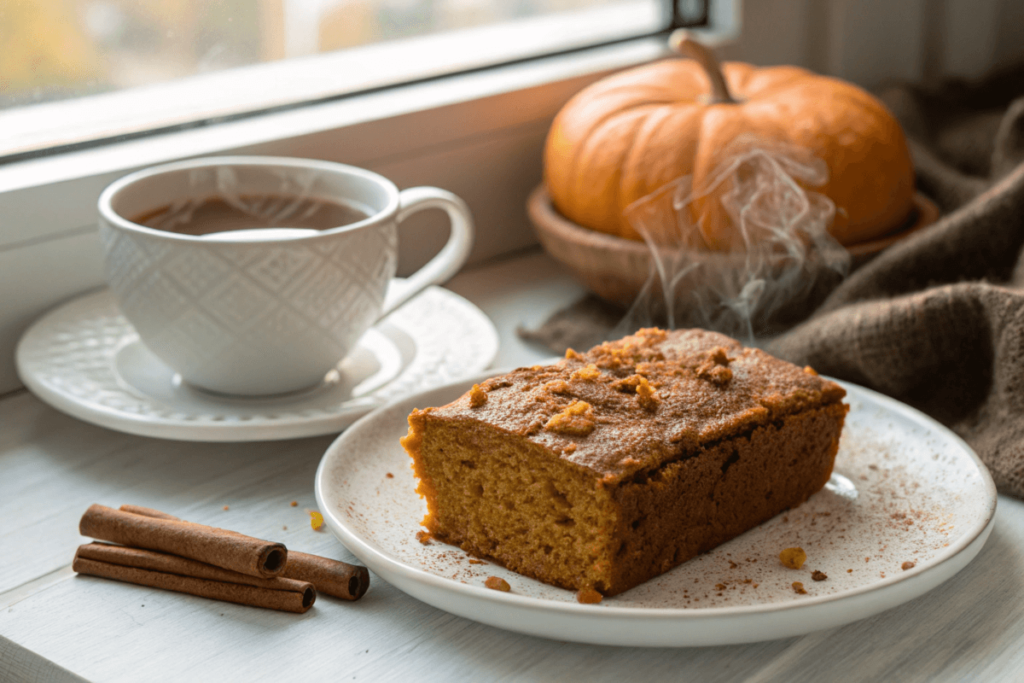 Slice of pumpkin bread with a cup of tea