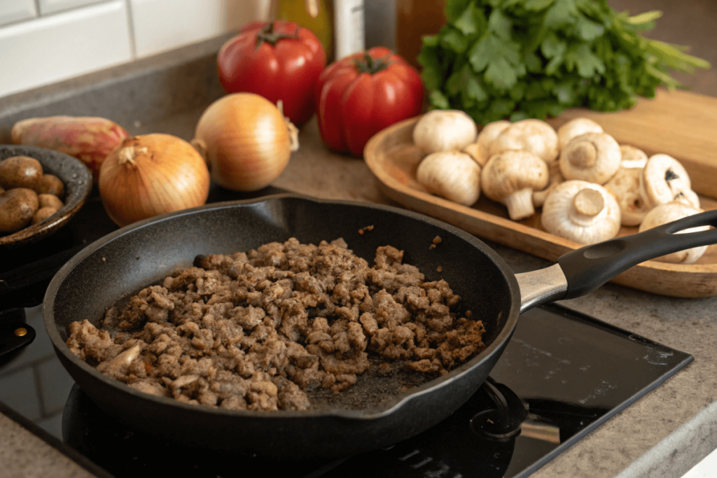 Skillet with ground beef and fresh ingredients for stroganoff