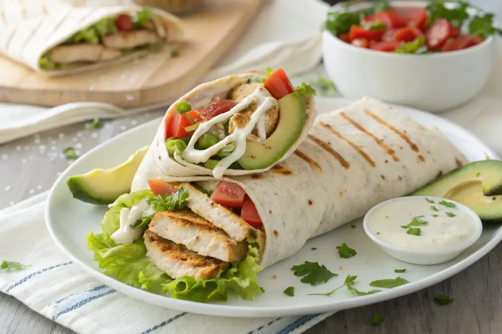 Sliced chicken mayo wrap with colorful vegetables and yogurt drizzle.