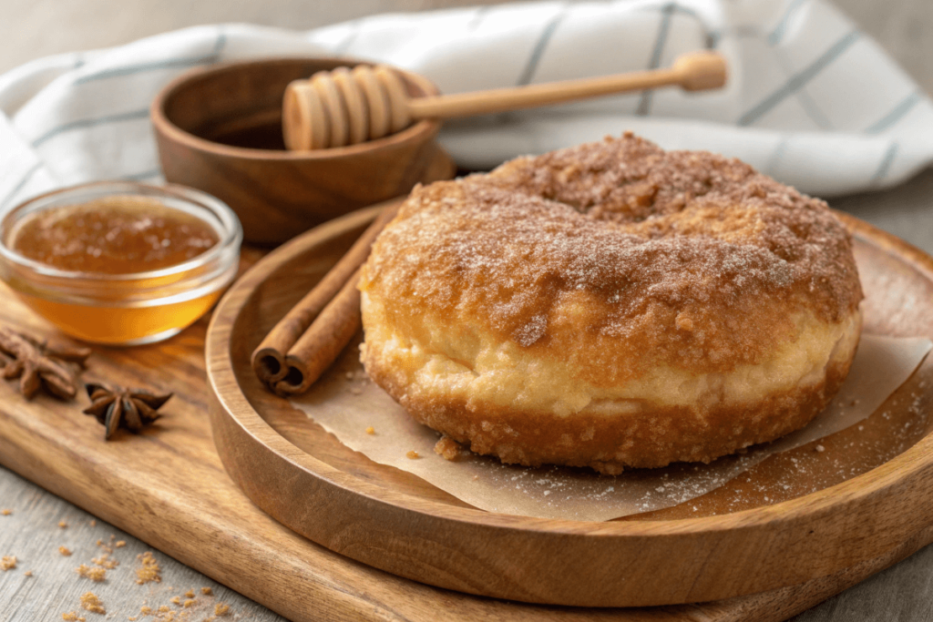 Close-up of fried dough with cinnamon sugar.