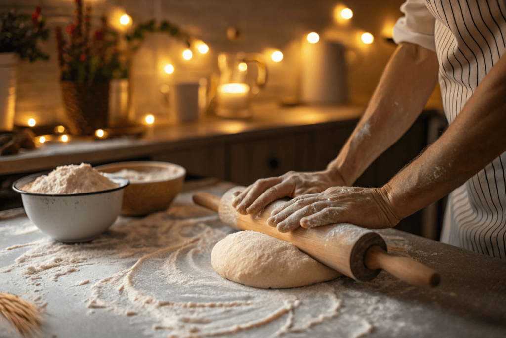 Hands kneading dough on a floured surface in a cozy kitchen.