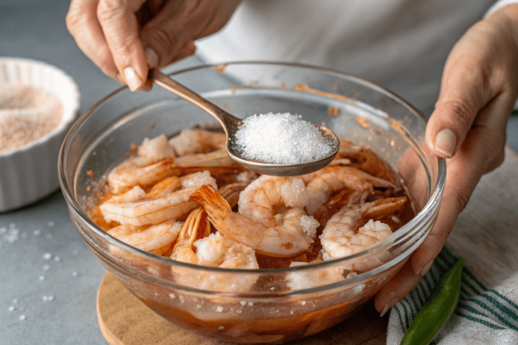 Raw shrimp marinated with baking soda