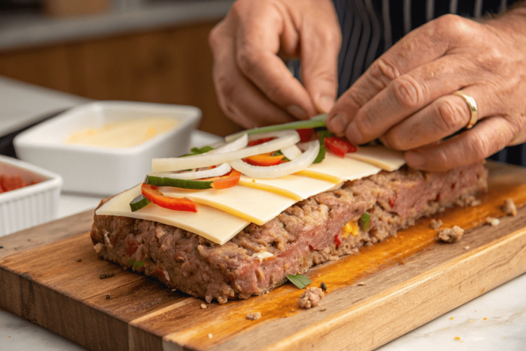 Hands preparing Philly cheesesteak meatloaf with ingredients.