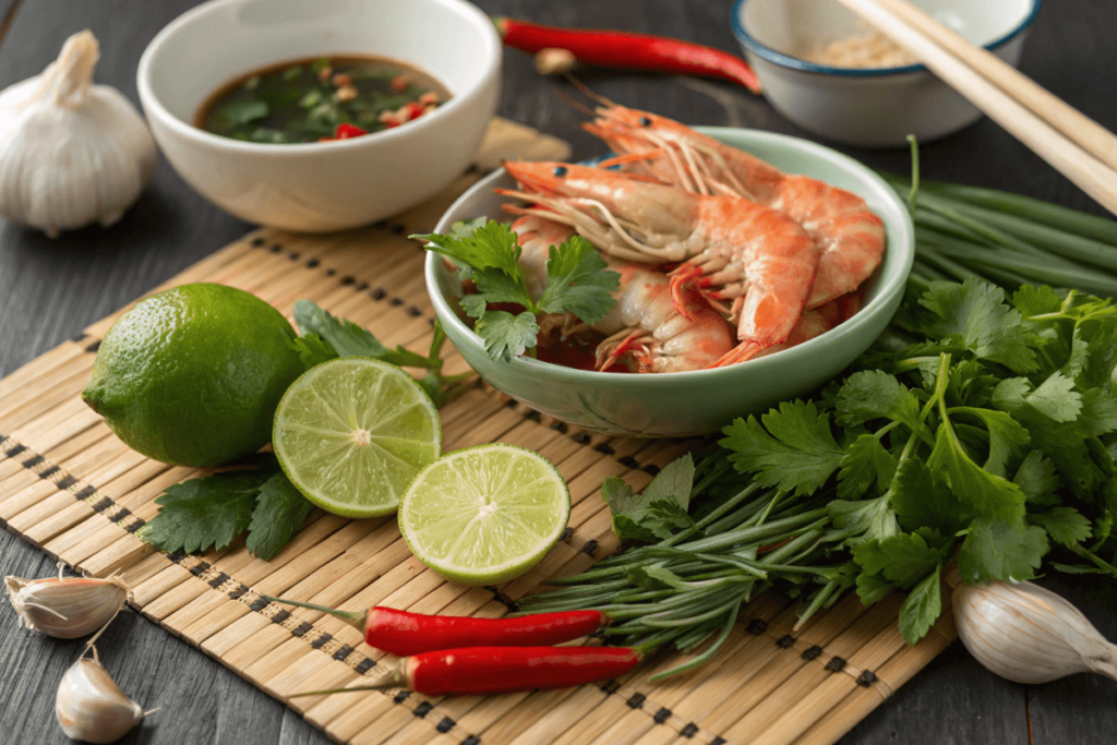 Ingredients for Jumping Shrimp Salad on bamboo mat