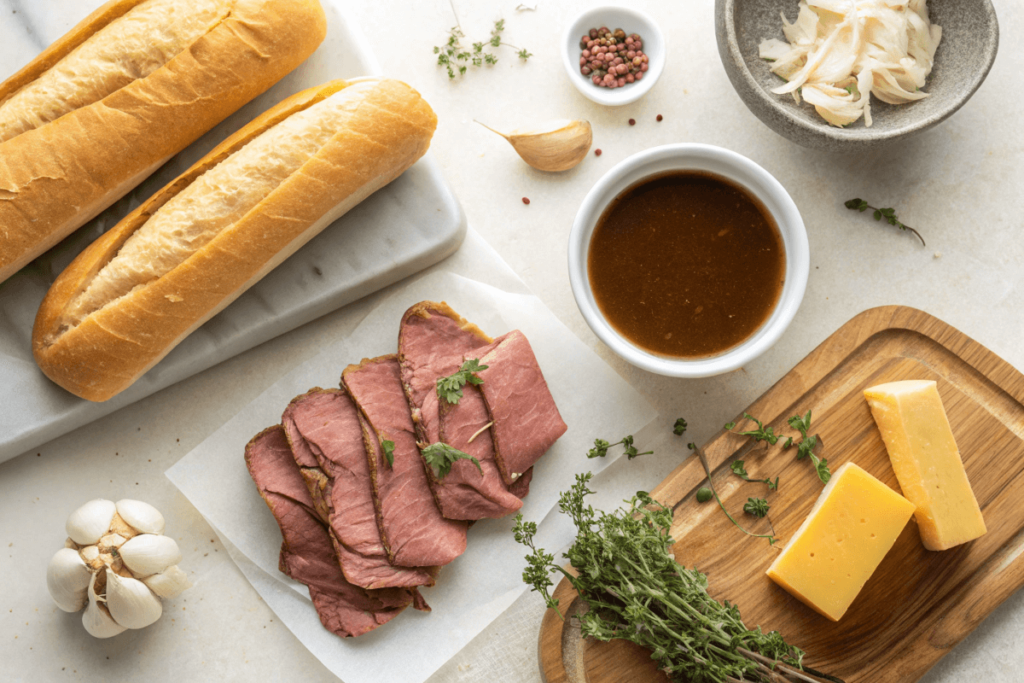 Ingredients for a French dip sandwich