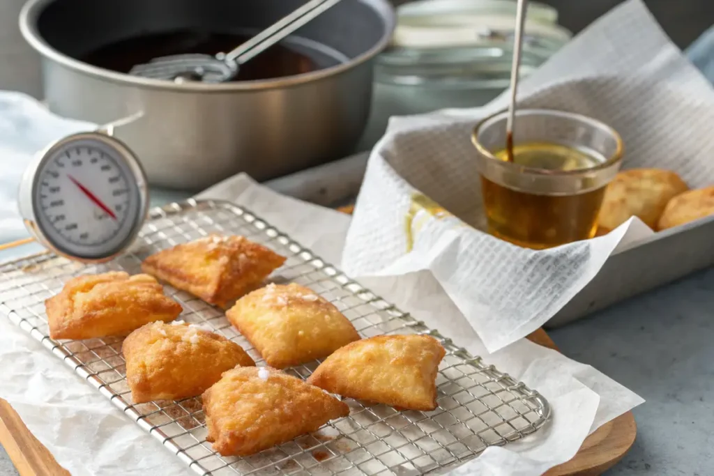 Draining fried dough on a wire rack