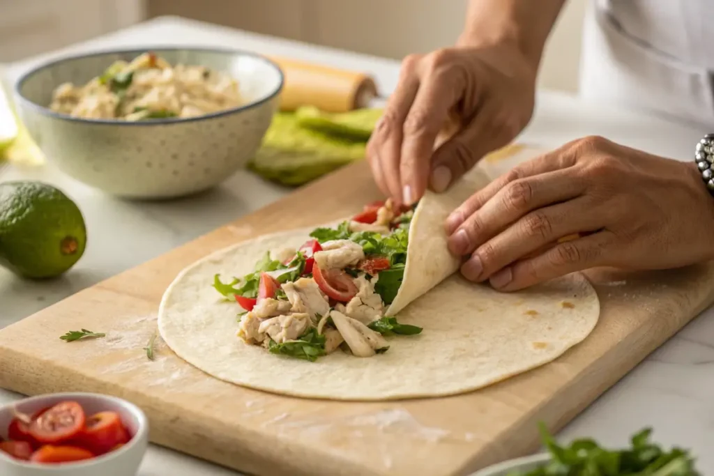 Hands Rolling a Chicken Salad Wrap