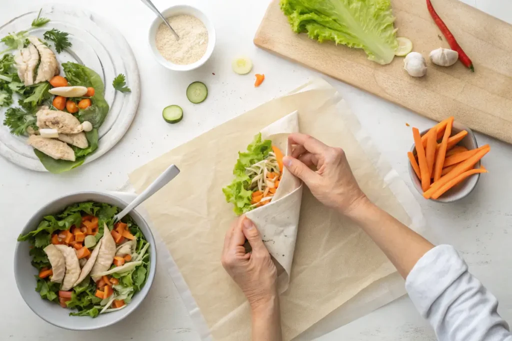 Hands wrapping a chicken salad wrap in parchment paper.