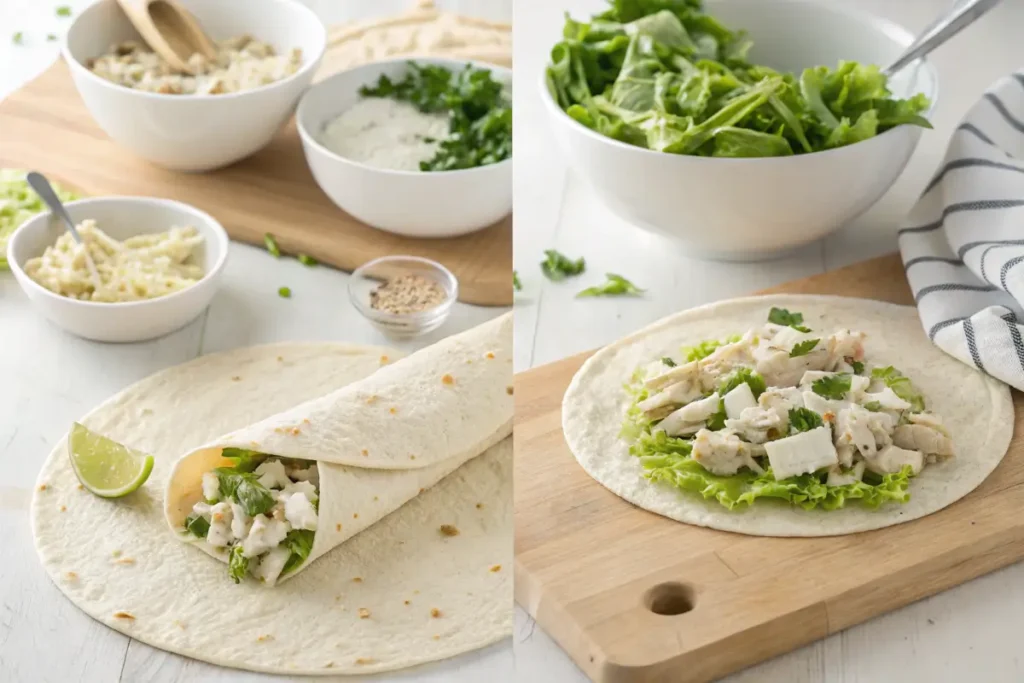 Step-by-step process of assembling a chicken salad wrap.